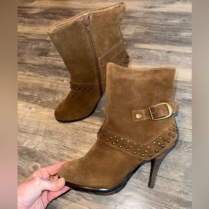 Rampage Brown Suede Ankle Booties Studded Buckle High Heel Boots Women’s 8M